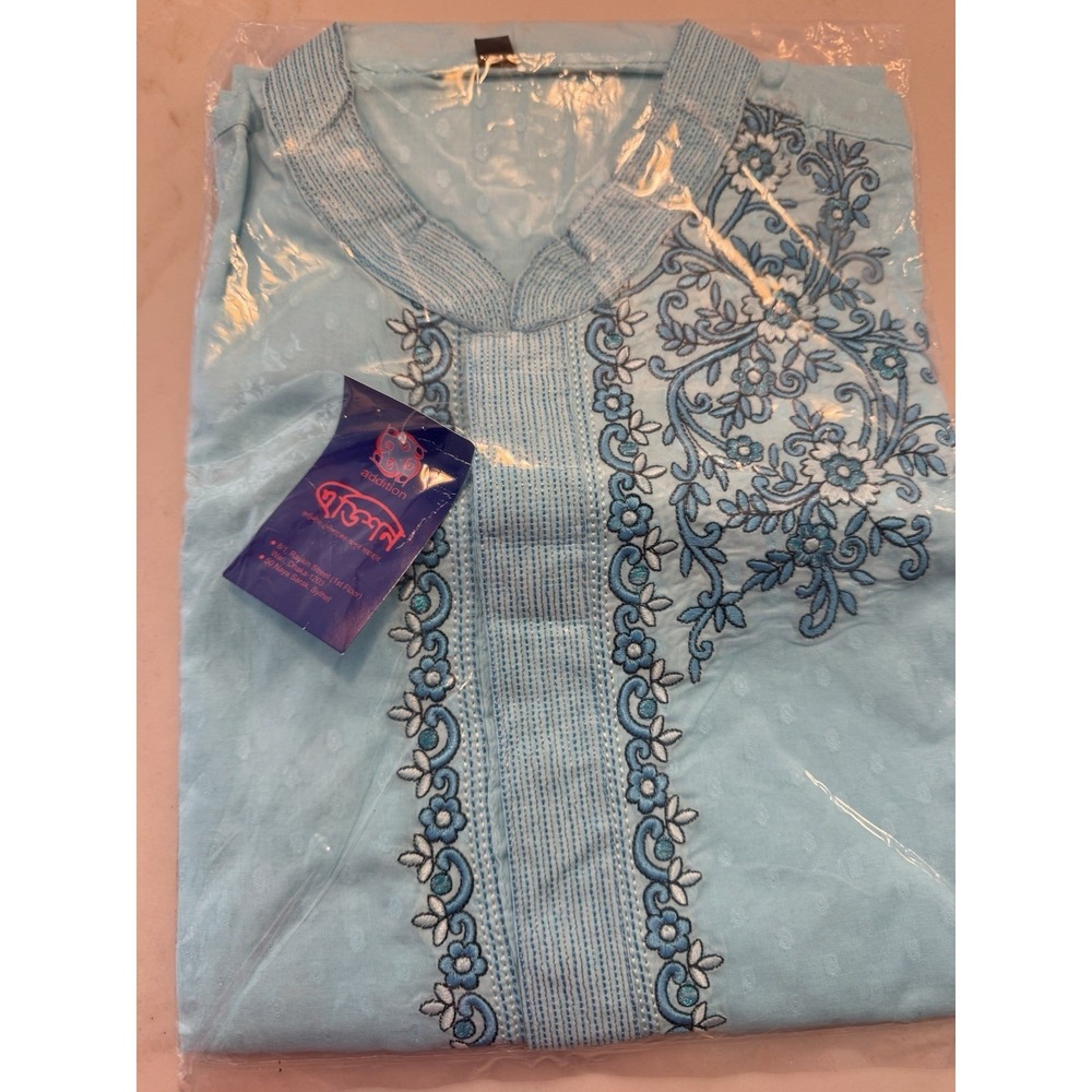 Addition Men's Embroidered Kurta Sky Blue Floral Tunic Shirt Size 44 New
